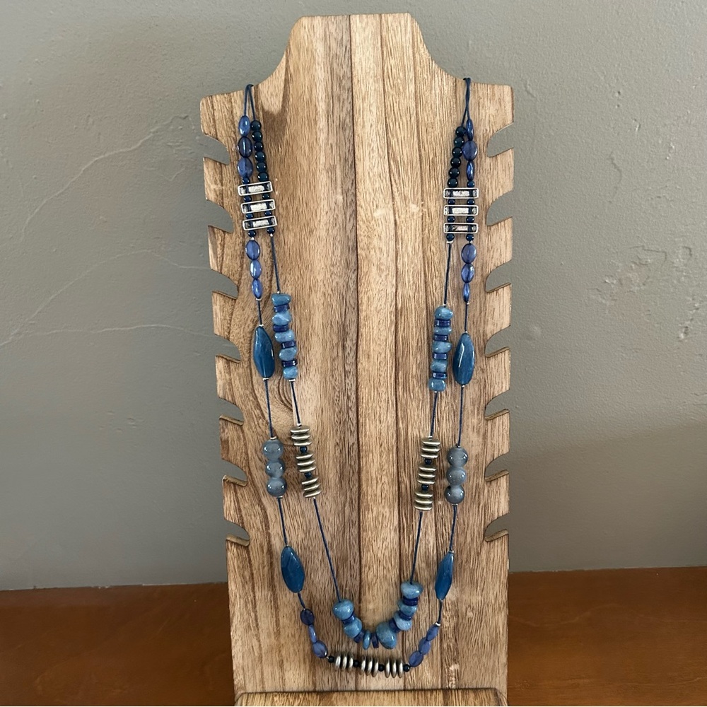Blue beaded double stranded long necklace